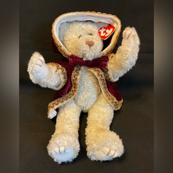 Ty Gem cream stuffed teddy bear in beautiful velvet hooded coat - Picture 3 of 12